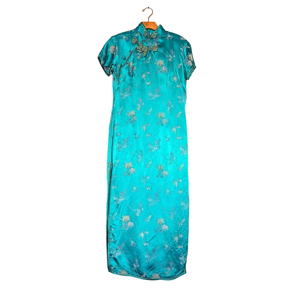 Vintage Peony Brand Shanghai Teal Rayon Floral Brocade Cheongsam‎ Qipao Dress